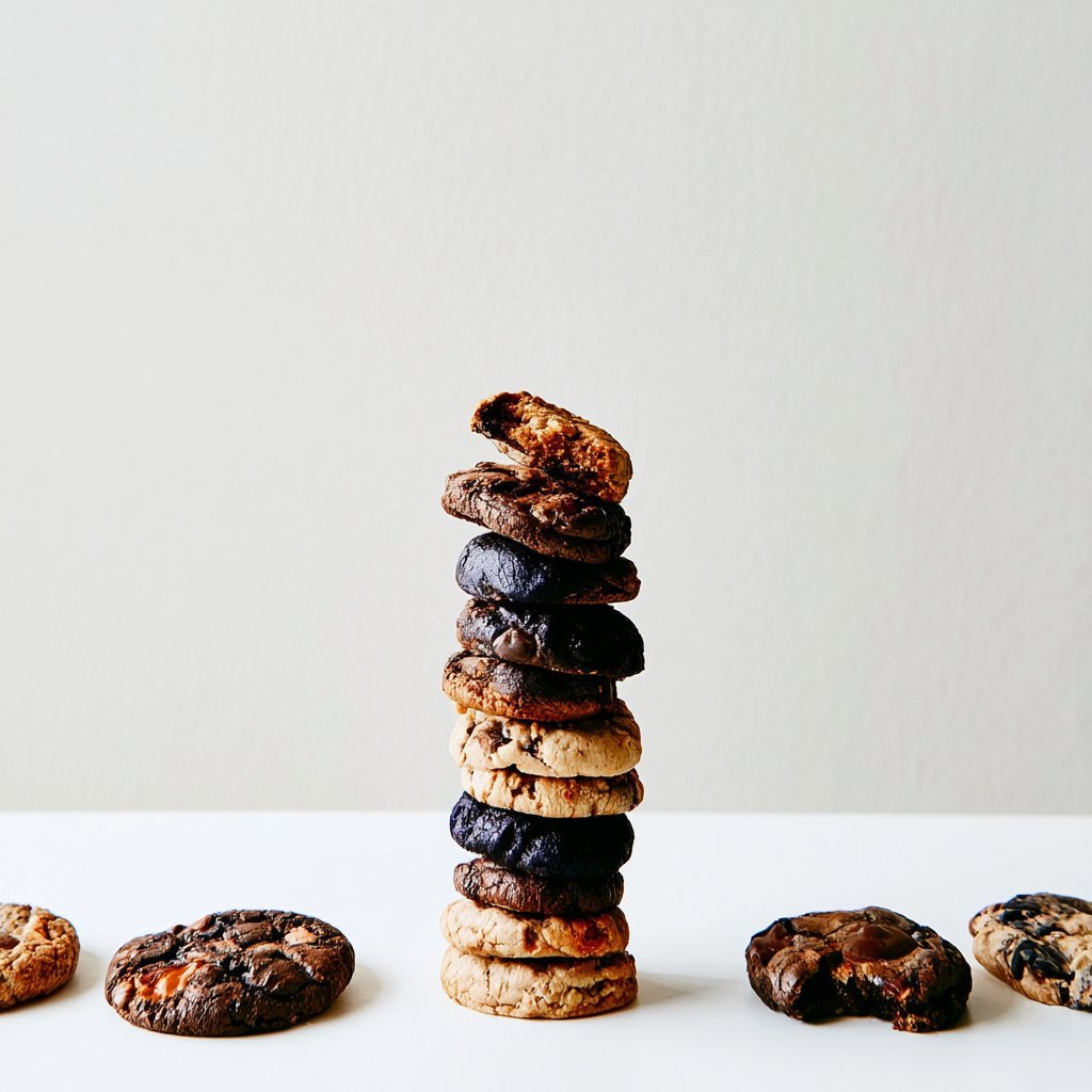 Stack of assorted chocolate and peanut butter cookies with individual cookies placed around the base on white surface